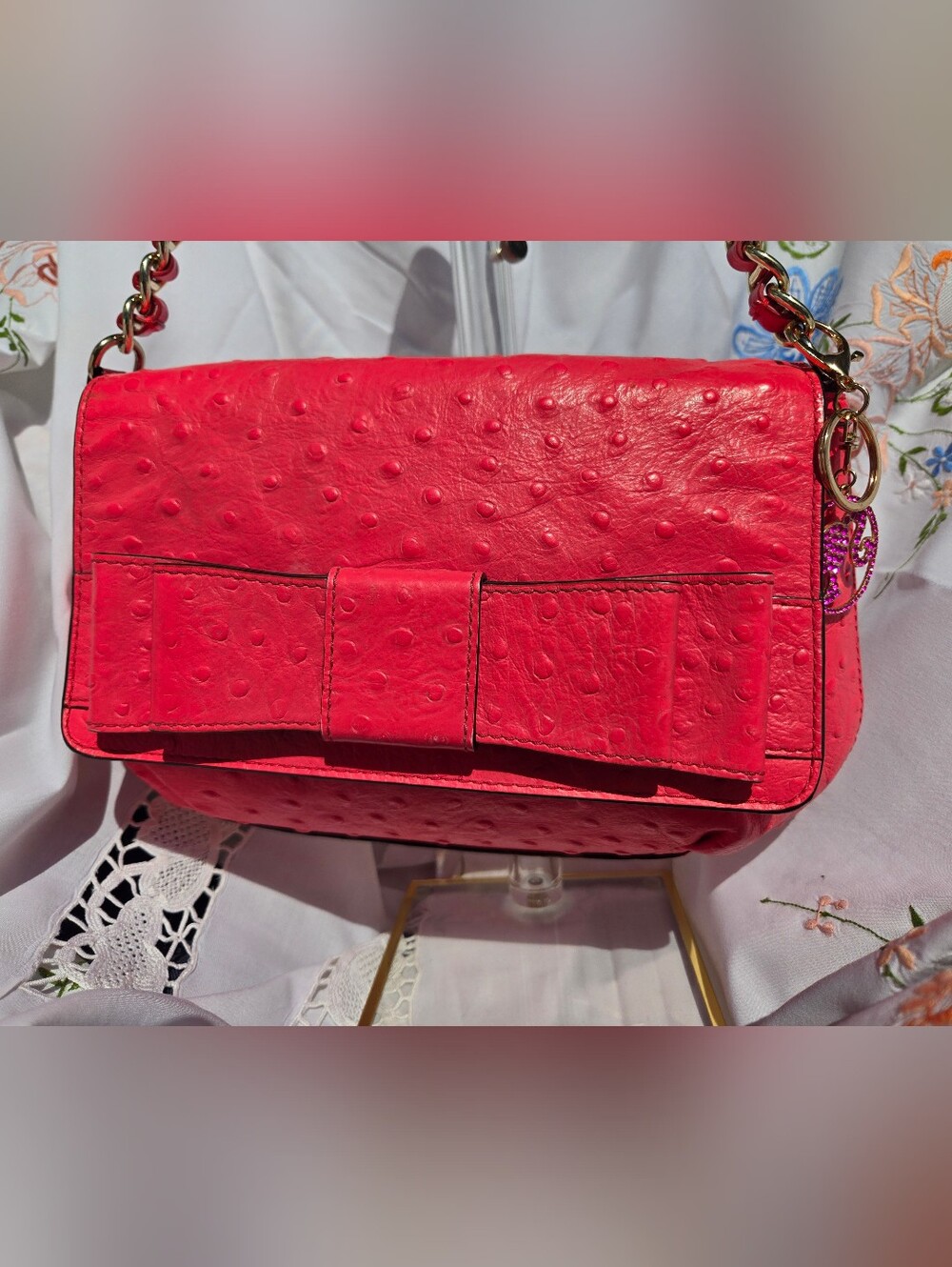 Kate Spade Hot Pink Bow-Front Ostrich Leather Shoulder Bag